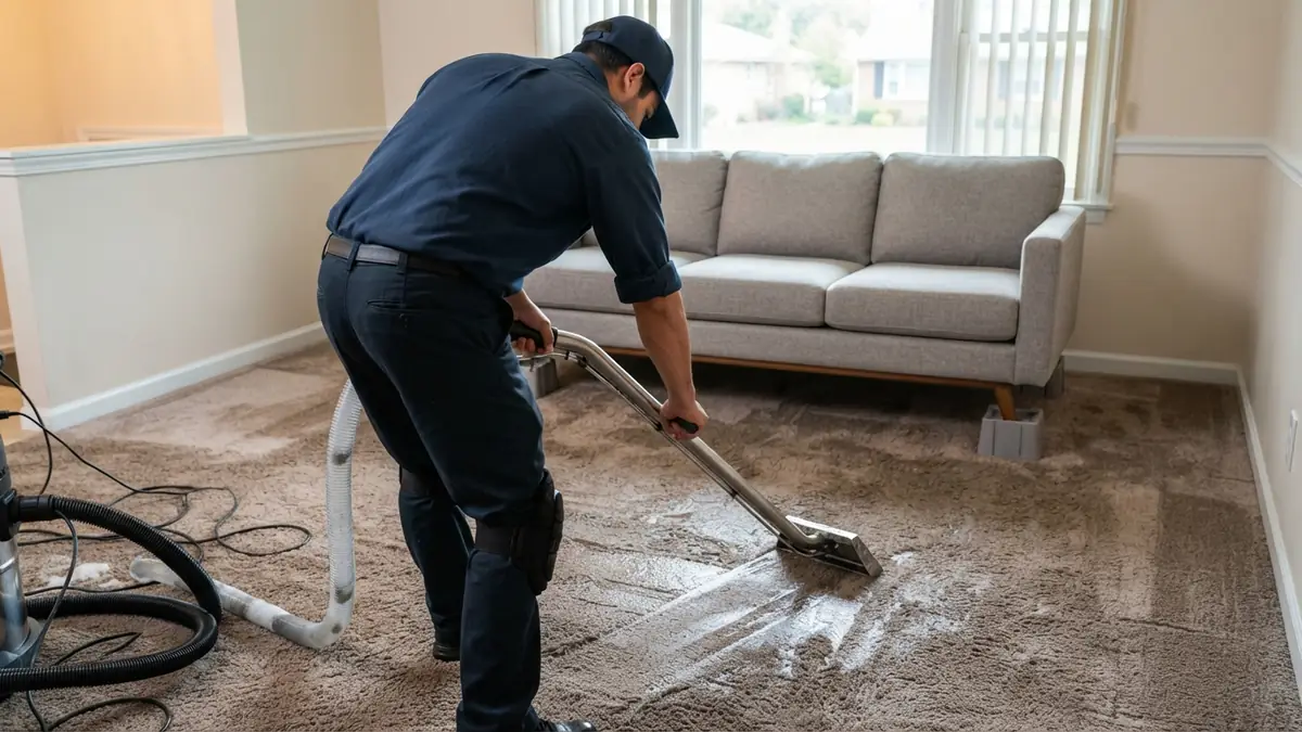 Carpet extraction wand pulling water from a soaked living room during water extraction